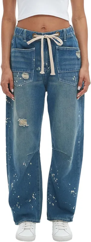 Ladyful Women's Wide Leg Baggy Jeans Drawstring Elastic Mid Rise Denim Pants Vintage Distressed Jeans