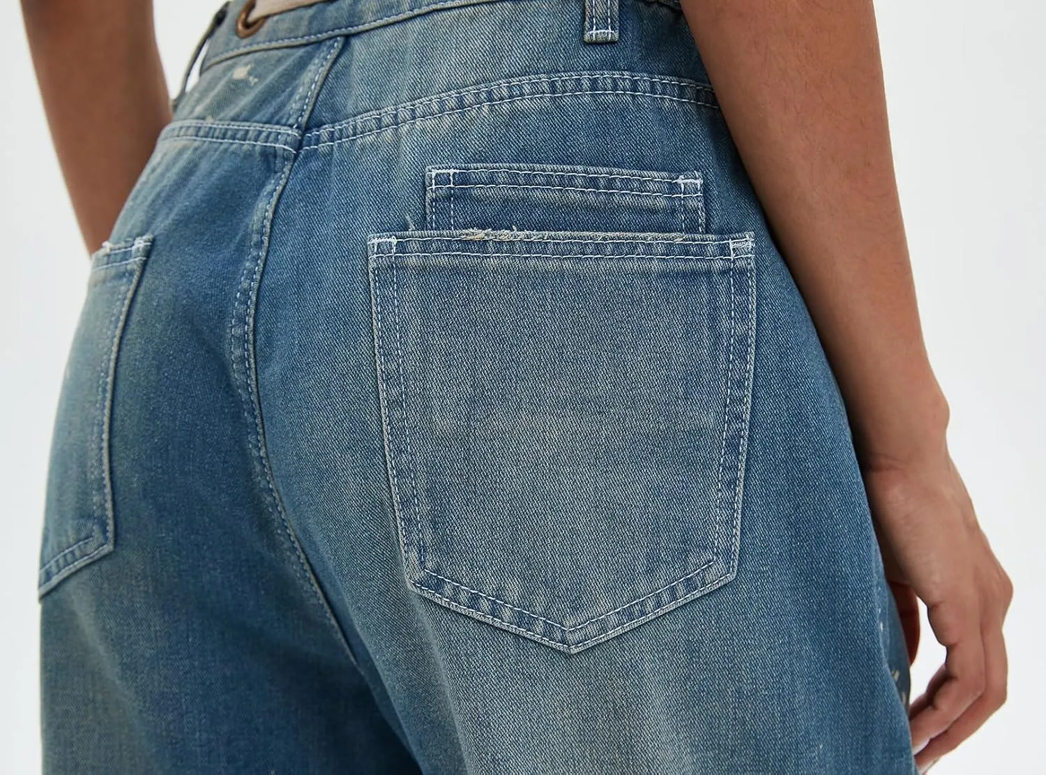 Ladyful Women's Wide Leg Baggy Jeans Drawstring Elastic Mid Rise Denim Pants Vintage Distressed Jeans