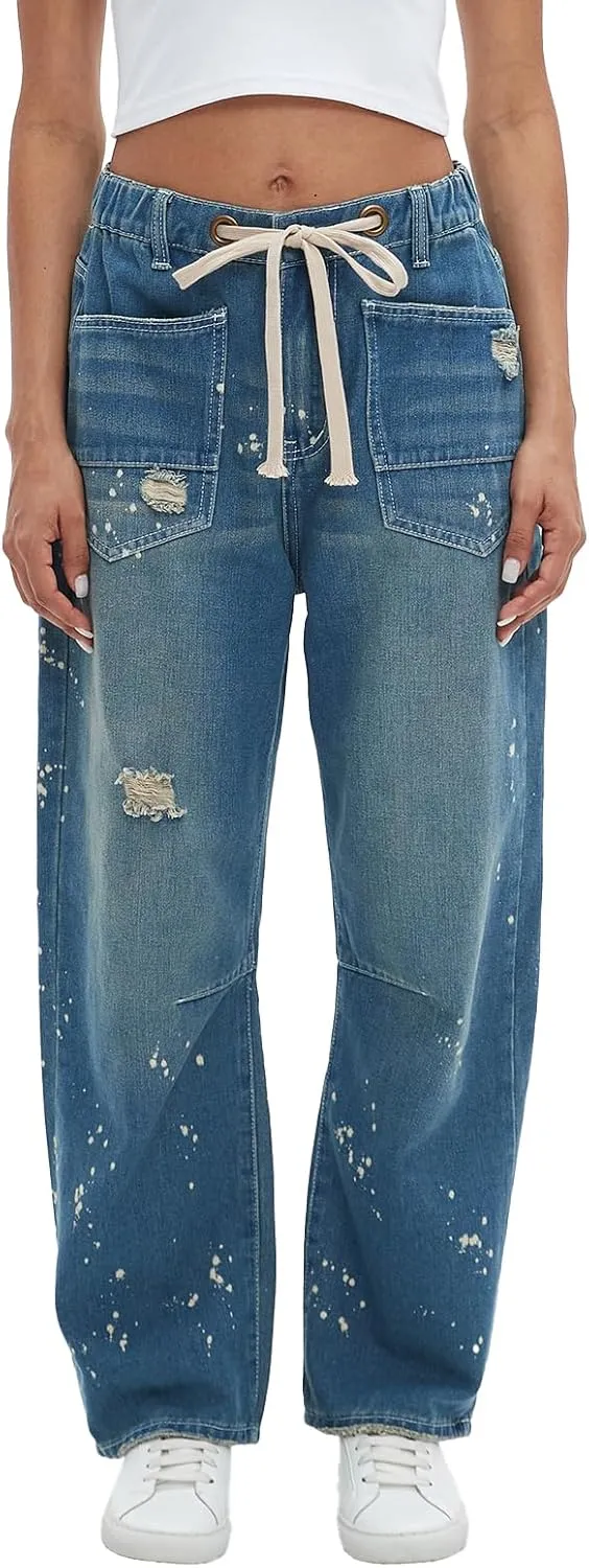 Ladyful Women's Wide Leg Baggy Jeans Drawstring Elastic Mid Rise Denim Pants Vintage Distressed Jeans