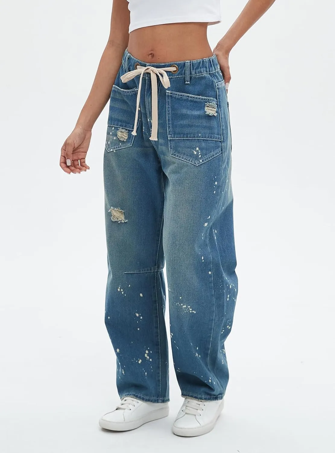 Ladyful Women's Wide Leg Baggy Jeans Drawstring Elastic Mid Rise Denim Pants Vintage Distressed Jeans