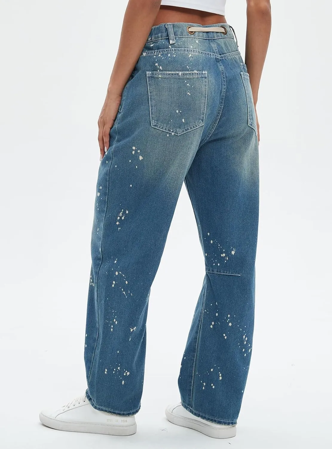 Ladyful Women's Wide Leg Baggy Jeans Drawstring Elastic Mid Rise Denim Pants Vintage Distressed Jeans