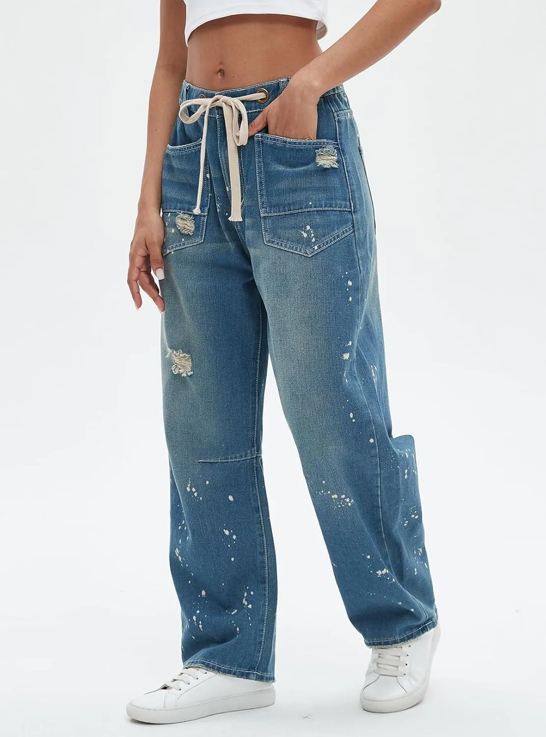 Ladyful Women's Wide Leg Baggy Jeans Drawstring Elastic Mid Rise Denim Pants Vintage Distressed Jeans