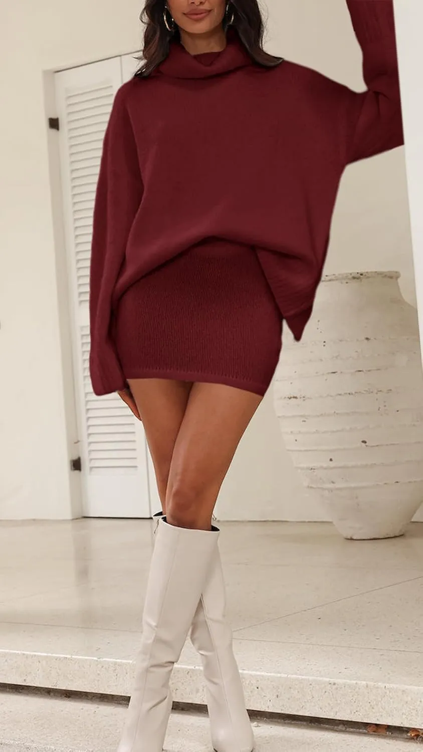 Langwyqu Womens 2 Piece Outfits Sweater Sets Turtleneck Oversized Sweaters and Mini Skirts Fall Trendy Loungewear