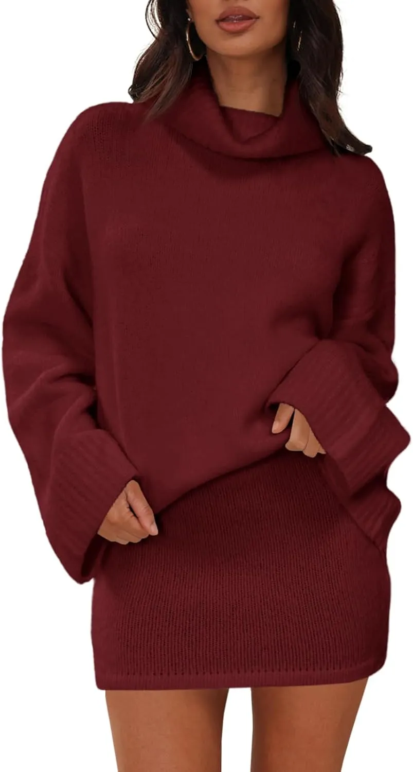 Langwyqu Womens 2 Piece Outfits Sweater Sets Turtleneck Oversized Sweaters and Mini Skirts Fall Trendy Loungewear