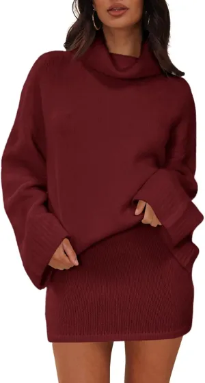 Langwyqu Womens 2 Piece Outfits Sweater Sets Turtleneck Oversized Sweaters and Mini Skirts Fall Trendy Loungewear