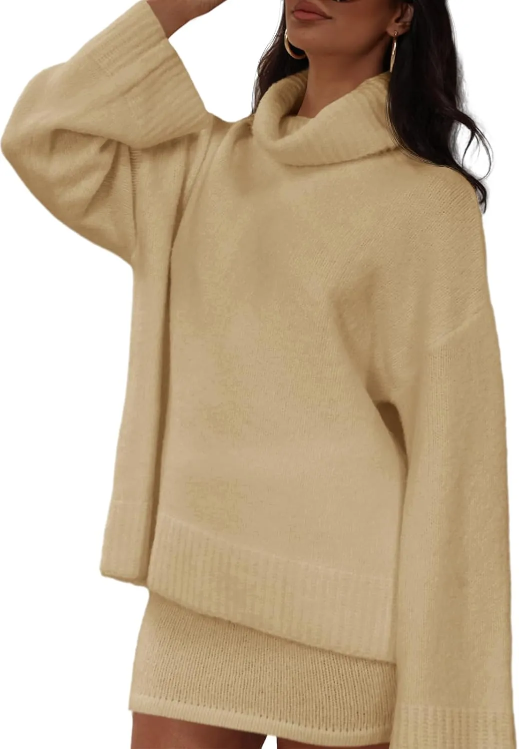 Langwyqu Womens 2 Piece Outfits Sweater Sets Turtleneck Oversized Sweaters and Mini Skirts Fall Trendy Loungewear