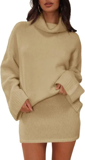 Langwyqu Womens 2 Piece Outfits Sweater Sets Turtleneck Oversized Sweaters and Mini Skirts Fall Trendy Loungewear