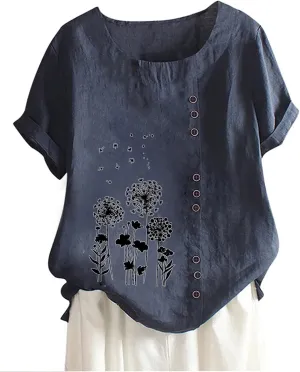 Lastesso Casual Tops for Women Soft Cotton Linen Summer Shirts 2024 Loose Size Roud Neck Short Sleeve Vacation Blouses