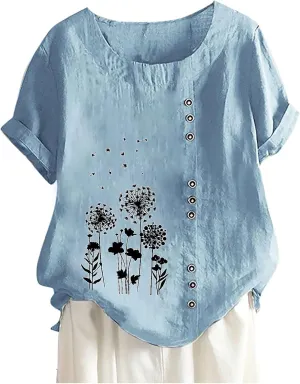 Lastesso Casual Tops for Women Soft Cotton Linen Summer Shirts 2024 Loose Size Roud Neck Short Sleeve Vacation Blouses