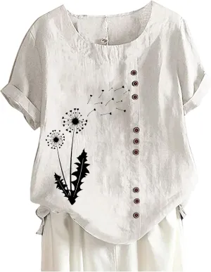 Lastesso Casual Tops for Women Soft Cotton Linen Summer Shirts 2024 Loose Size Roud Neck Short Sleeve Vacation Blouses
