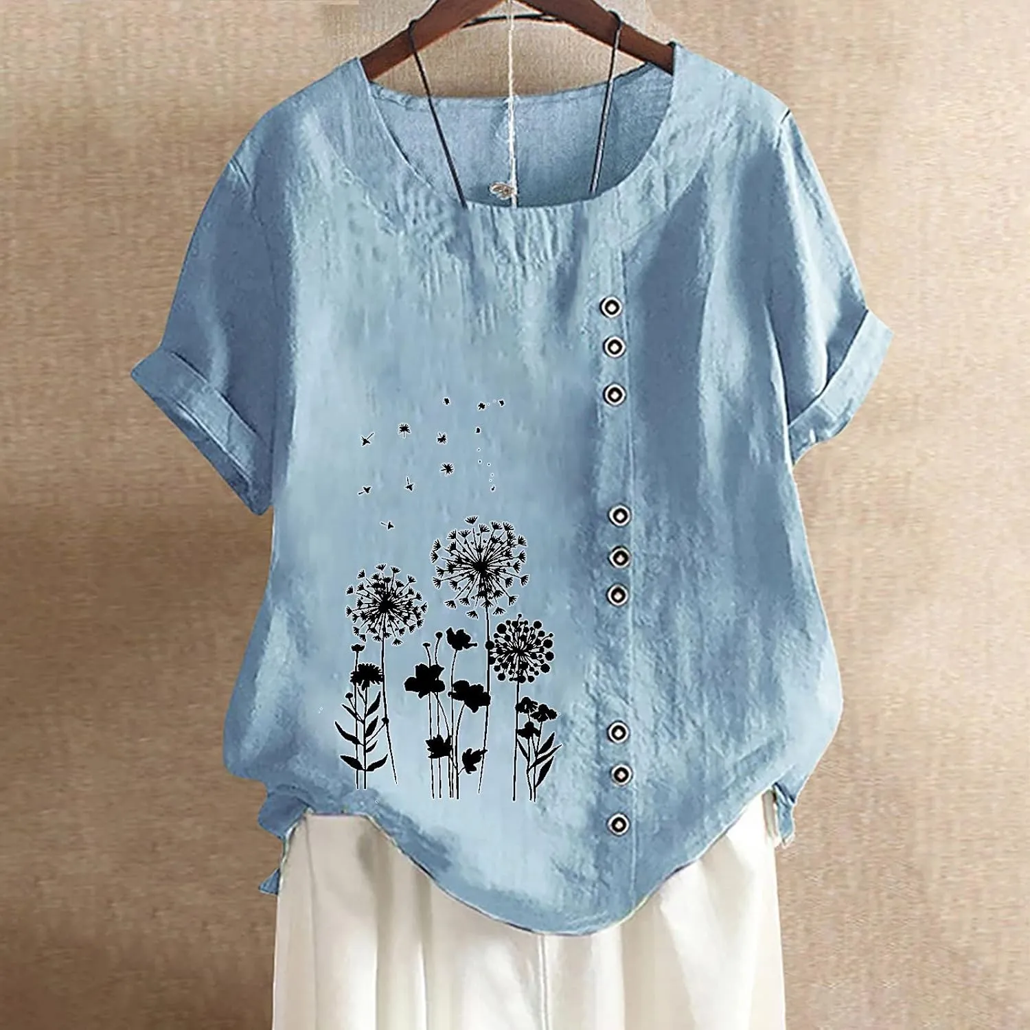 Lastesso Casual Tops for Women Soft Cotton Linen Summer Shirts 2024 Loose Size Roud Neck Short Sleeve Vacation Blouses