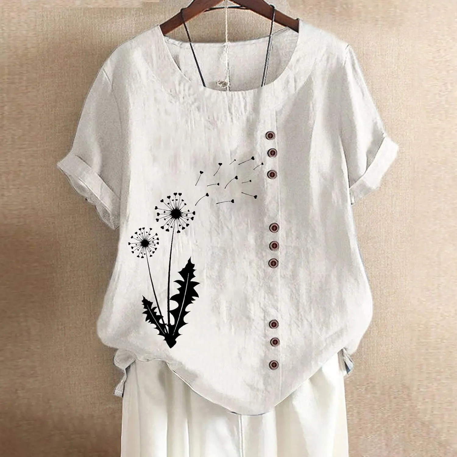 Lastesso Casual Tops for Women Soft Cotton Linen Summer Shirts 2024 Loose Size Roud Neck Short Sleeve Vacation Blouses