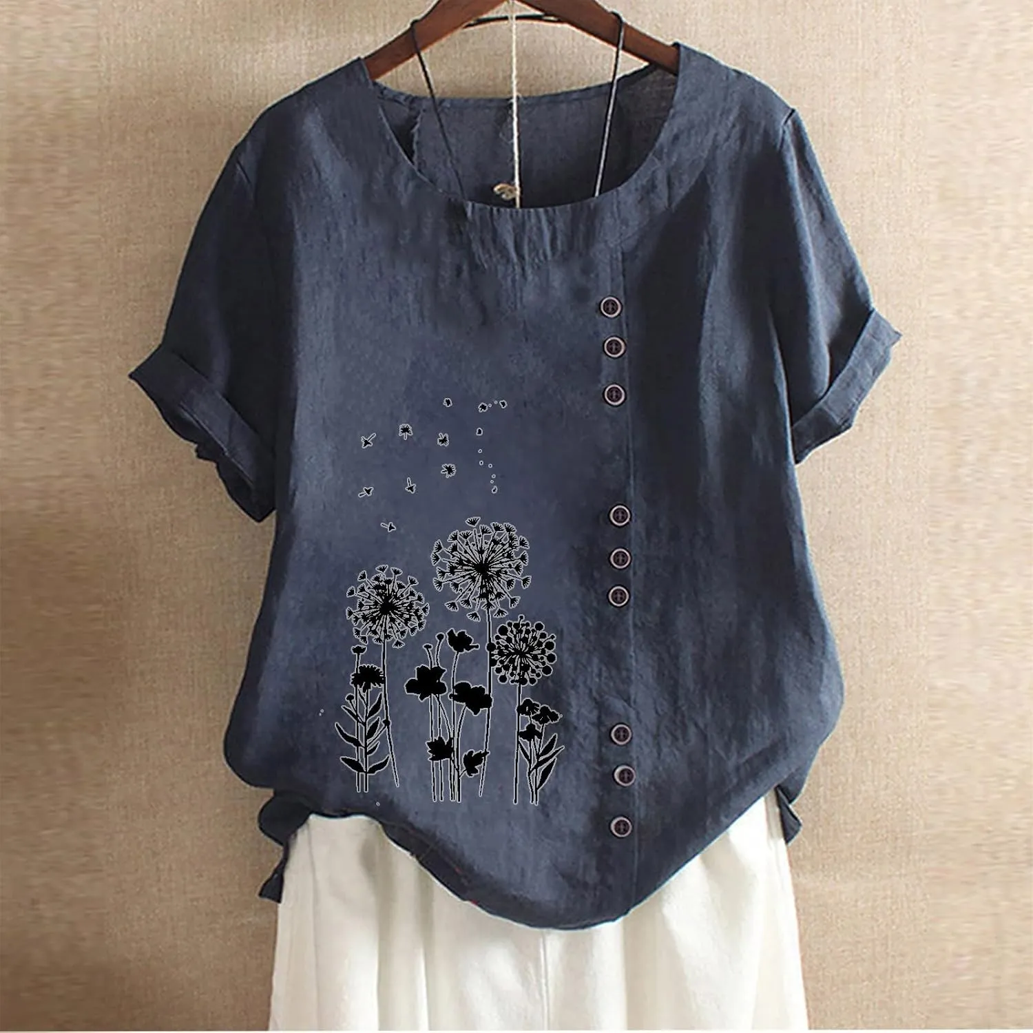 Lastesso Casual Tops for Women Soft Cotton Linen Summer Shirts 2024 Loose Size Roud Neck Short Sleeve Vacation Blouses