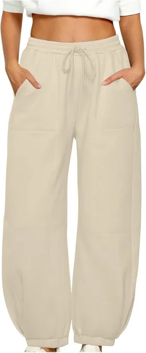 lcziwo Womens Fleece Lined Pants Baggy Wide Straight Leg Pants High Waisted Athletic Jogger Pants Drawstring Loungewear