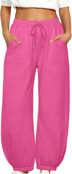 lcziwo Womens Fleece Lined Pants Baggy Wide Straight Leg Pants High Waisted Athletic Jogger Pants Drawstring Loungewear
