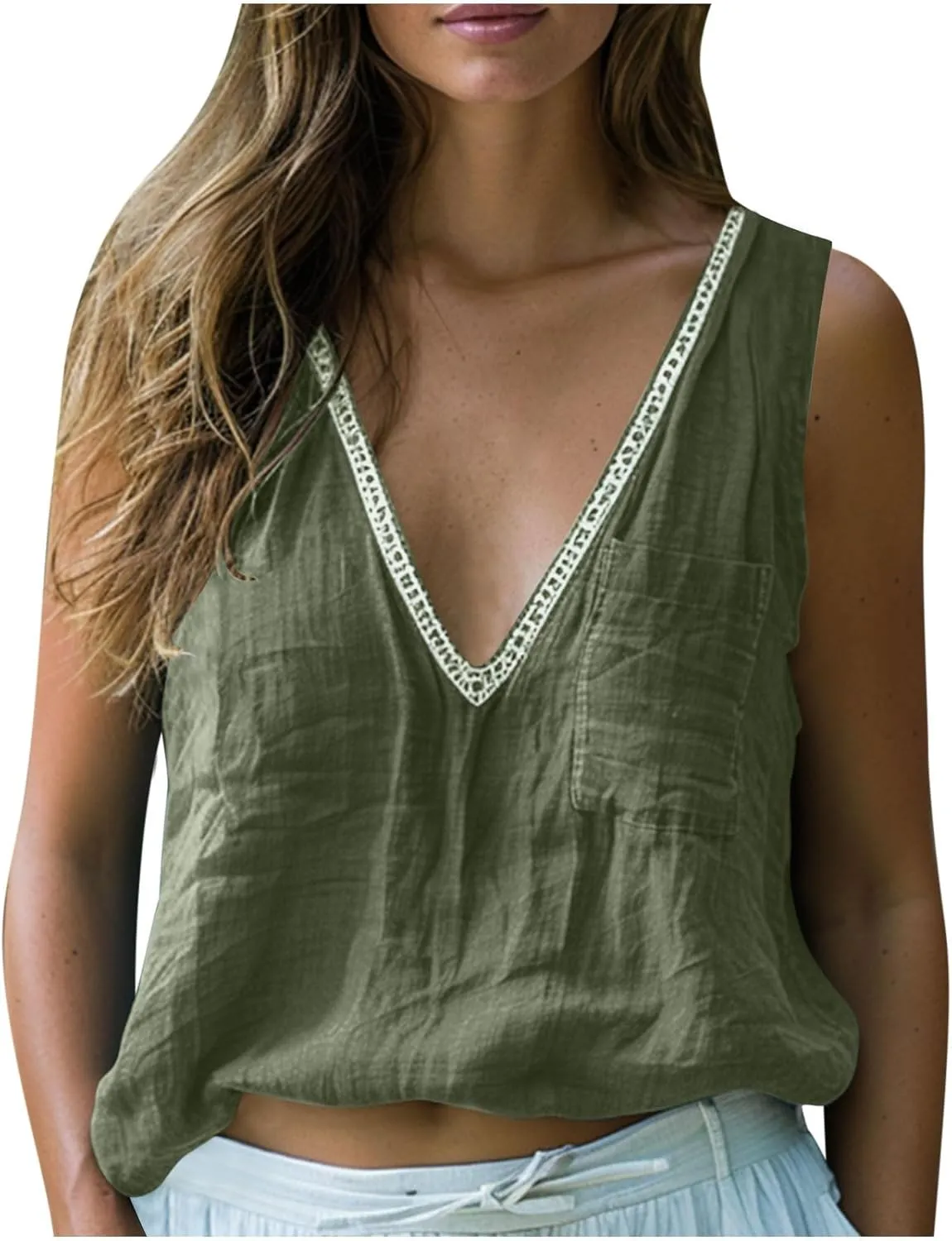 Linen Sleeveless Tank Tops for Women Lace Trim V Neck Basic Summer Blouse Cute Loose Tunic Shirts