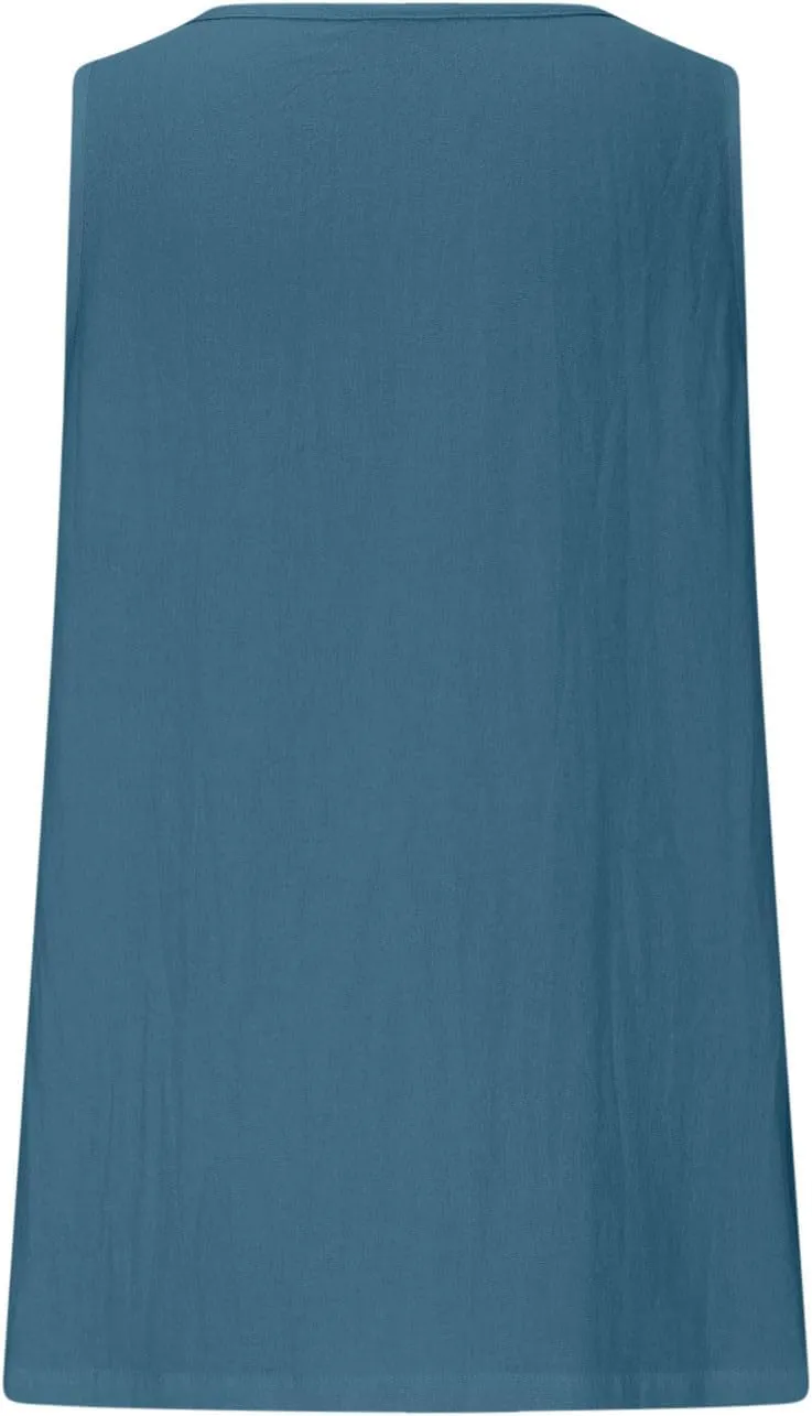 Linen Sleeveless Tank Tops for Women Lace Trim V Neck Basic Summer Blouse Cute Loose Tunic Shirts