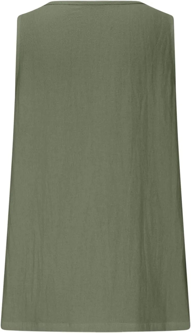 Linen Sleeveless Tank Tops for Women Lace Trim V Neck Basic Summer Blouse Cute Loose Tunic Shirts