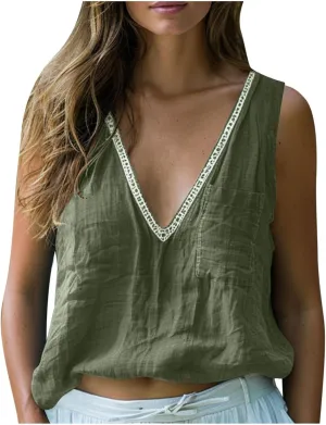 Linen Sleeveless Tank Tops for Women Lace Trim V Neck Basic Summer Blouse Cute Loose Tunic Shirts