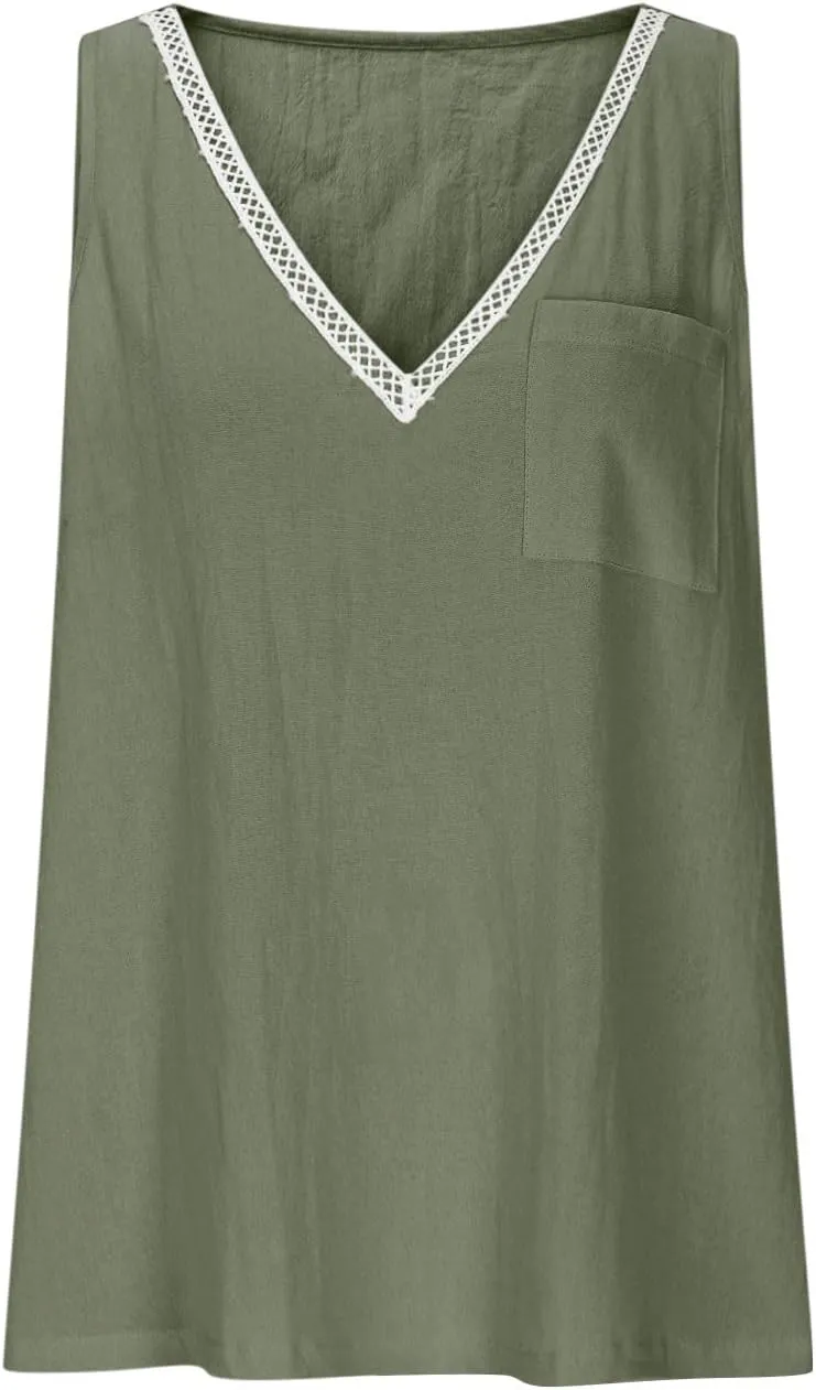 Linen Sleeveless Tank Tops for Women Lace Trim V Neck Basic Summer Blouse Cute Loose Tunic Shirts