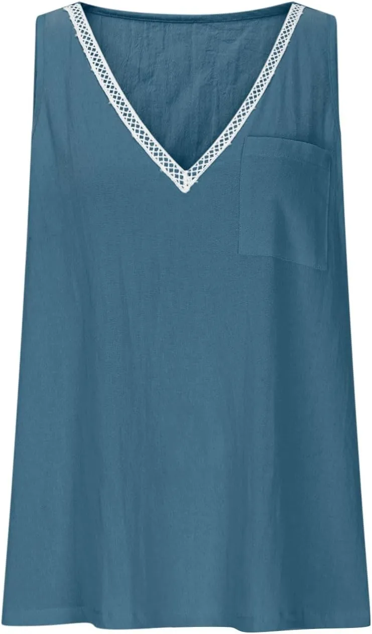 Linen Sleeveless Tank Tops for Women Lace Trim V Neck Basic Summer Blouse Cute Loose Tunic Shirts