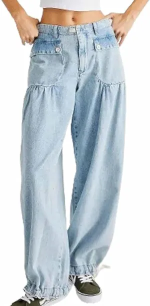 Lotus Mid-High Waist Barrel Ruffle Jeans for Women, Casual Loose Wide Leg Pants