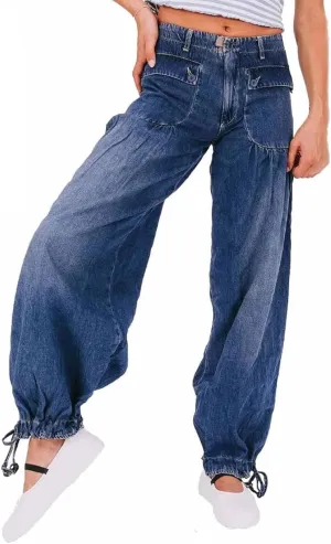 Lotus Mid-High Waist Barrel Ruffle Jeans for Women, Casual Loose Wide Leg Pants