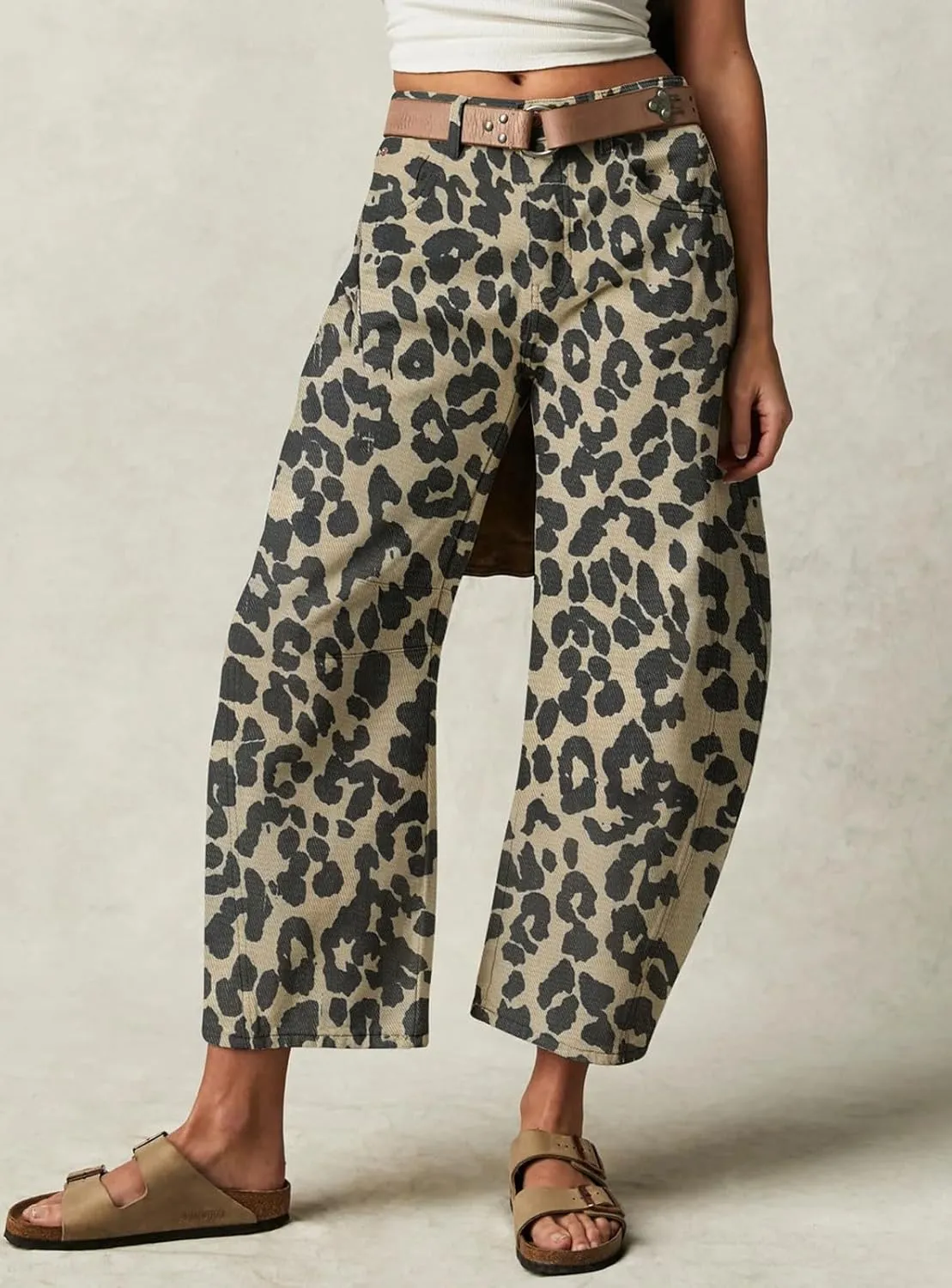 loveimgs Women Baggy Leopard Barrel Jeans Cheetah Print Mid Rise Wide Leg Denim Pants Harem Boyfriend Cargo Jeans Y2k