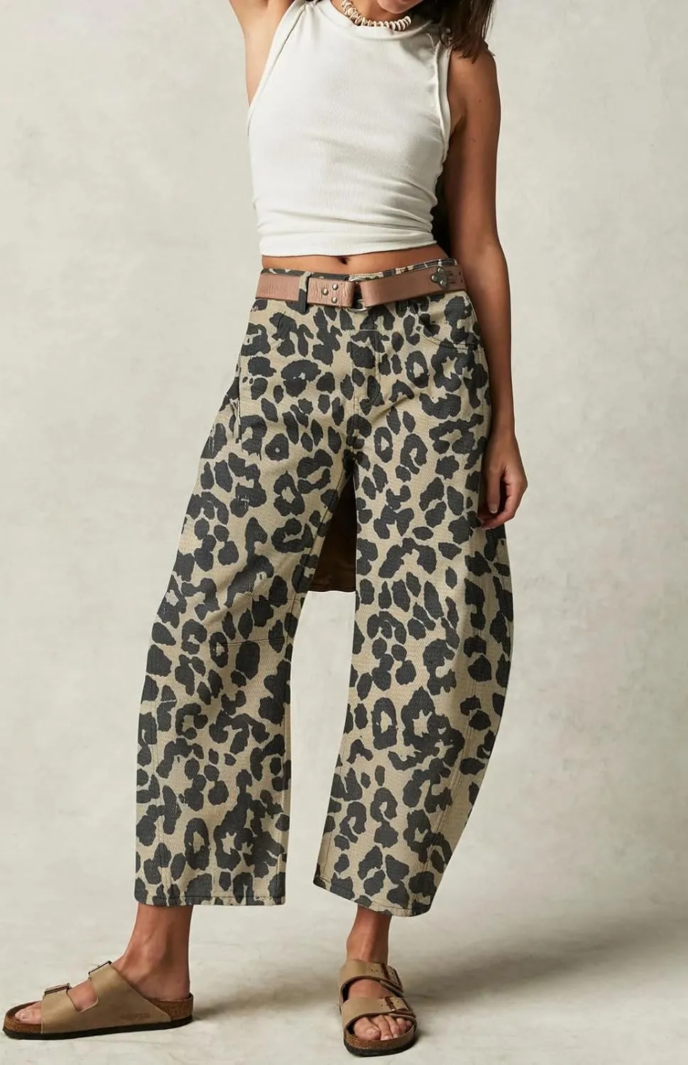 loveimgs Women Baggy Leopard Barrel Jeans Cheetah Print Mid Rise Wide Leg Denim Pants Harem Boyfriend Cargo Jeans Y2k