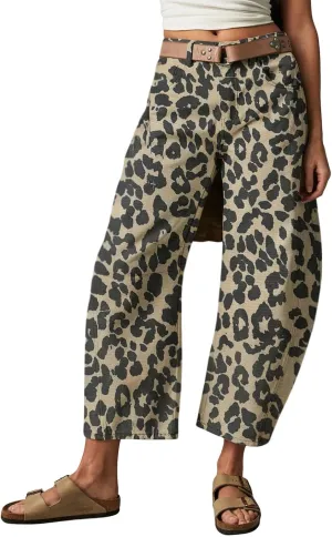loveimgs Women Baggy Leopard Barrel Jeans Cheetah Print Mid Rise Wide Leg Denim Pants Harem Boyfriend Cargo Jeans Y2k