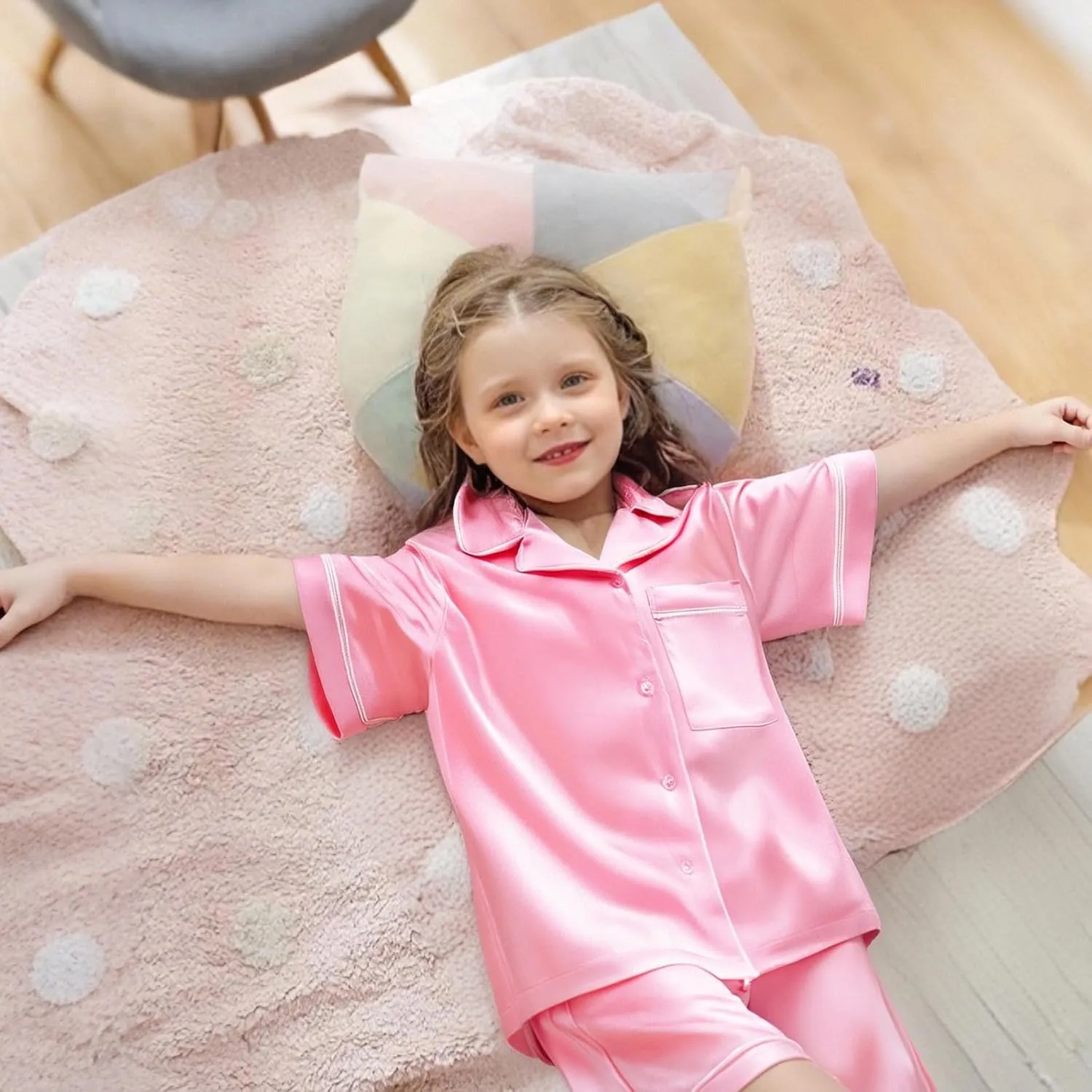 LQSZ 3-Piece Girls Pajamas Set Soft Silk Satin Short Sleeve Button-Down Sleepwear Nightwear Loungewear for Kids 3-12 Years