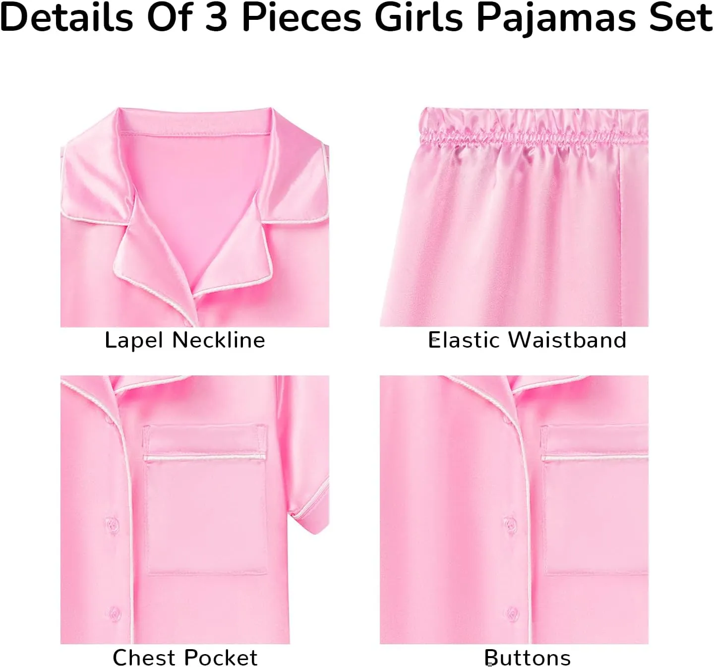 LQSZ 3-Piece Girls Pajamas Set Soft Silk Satin Short Sleeve Button-Down Sleepwear Nightwear Loungewear for Kids 3-12 Years