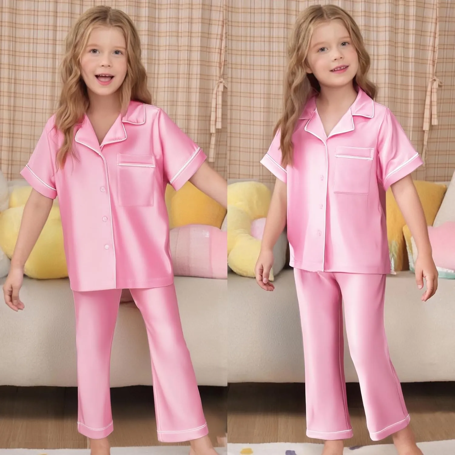 LQSZ 3-Piece Girls Pajamas Set Soft Silk Satin Short Sleeve Button-Down Sleepwear Nightwear Loungewear for Kids 3-12 Years
