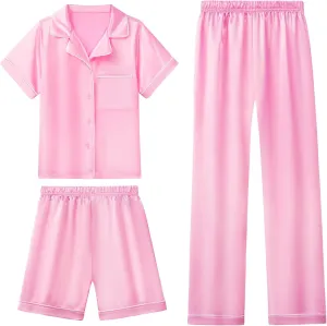 LQSZ 3-Piece Girls Pajamas Set Soft Silk Satin Short Sleeve Button-Down Sleepwear Nightwear Loungewear for Kids 3-12 Years