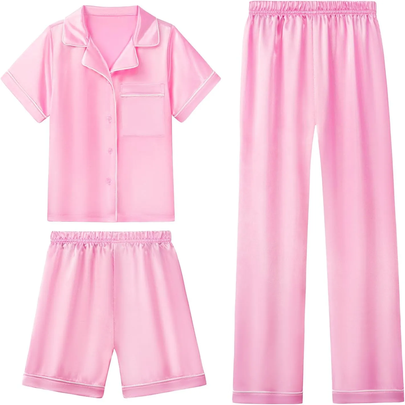 LQSZ 3-Piece Girls Pajamas Set Soft Silk Satin Short Sleeve Button-Down Sleepwear Nightwear Loungewear for Kids 3-12 Years