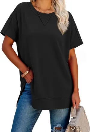 Magritta Womens Plus Size Tops Basic Clothes 2025 Side Slits Tshirts Workout Casual Outfits Short Sleeve Loungewear
