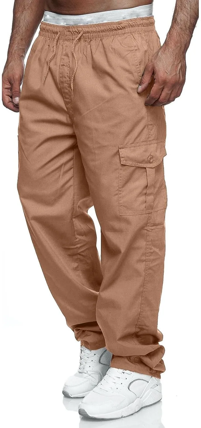 Male Versatile All Season Cargo Pants Multi Pocket Zip Button Hem Solid Color Plus Relaxed fit Cargo Trousers for