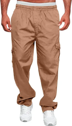 Male Versatile All Season Cargo Pants Multi Pocket Zip Button Hem Solid Color Plus Relaxed fit Cargo Trousers for