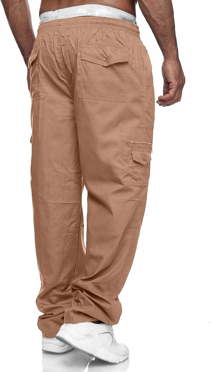 Male Versatile All Season Cargo Pants Multi Pocket Zip Button Hem Solid Color Plus Relaxed fit Cargo Trousers for