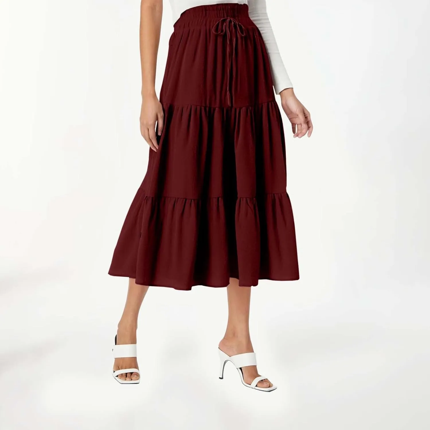 Maxi Skirt for Women Long Drawstring High Elastic Waist Ruffles A-Line Loose Solid Color Casual Midi Skirts Loungewear