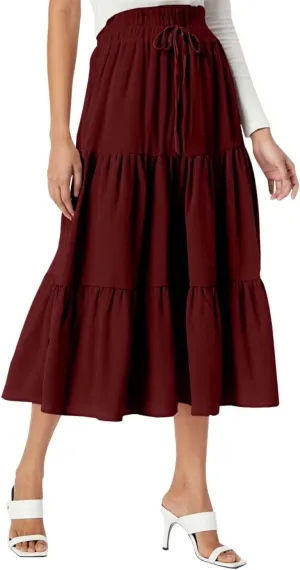 Maxi Skirt for Women Long Drawstring High Elastic Waist Ruffles A-Line Loose Solid Color Casual Midi Skirts Loungewear