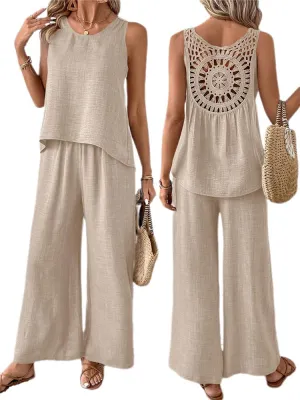 Melliflo Women's Summer 2 Piece Outfits Linen Sleeveless Crochet Cutout Tanks Top and Wide Leg Pant Sets with Pockets