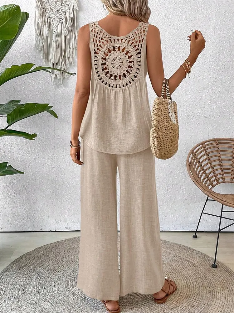 Melliflo Women's Summer 2 Piece Outfits Linen Sleeveless Crochet Cutout Tanks Top and Wide Leg Pant Sets with Pockets