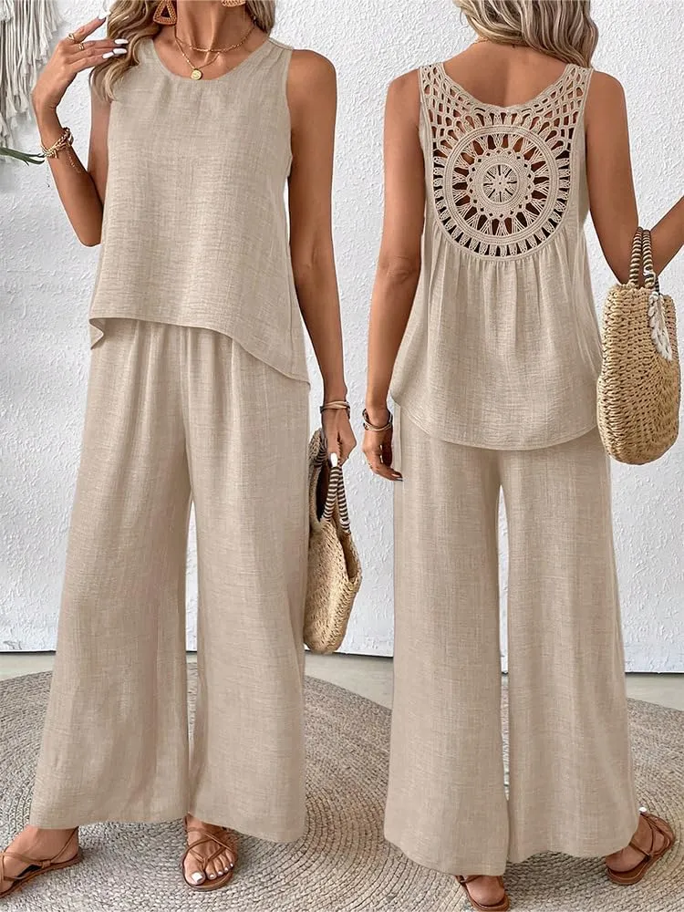 Melliflo Women's Summer 2 Piece Outfits Linen Sleeveless Crochet Cutout Tanks Top and Wide Leg Pant Sets with Pockets