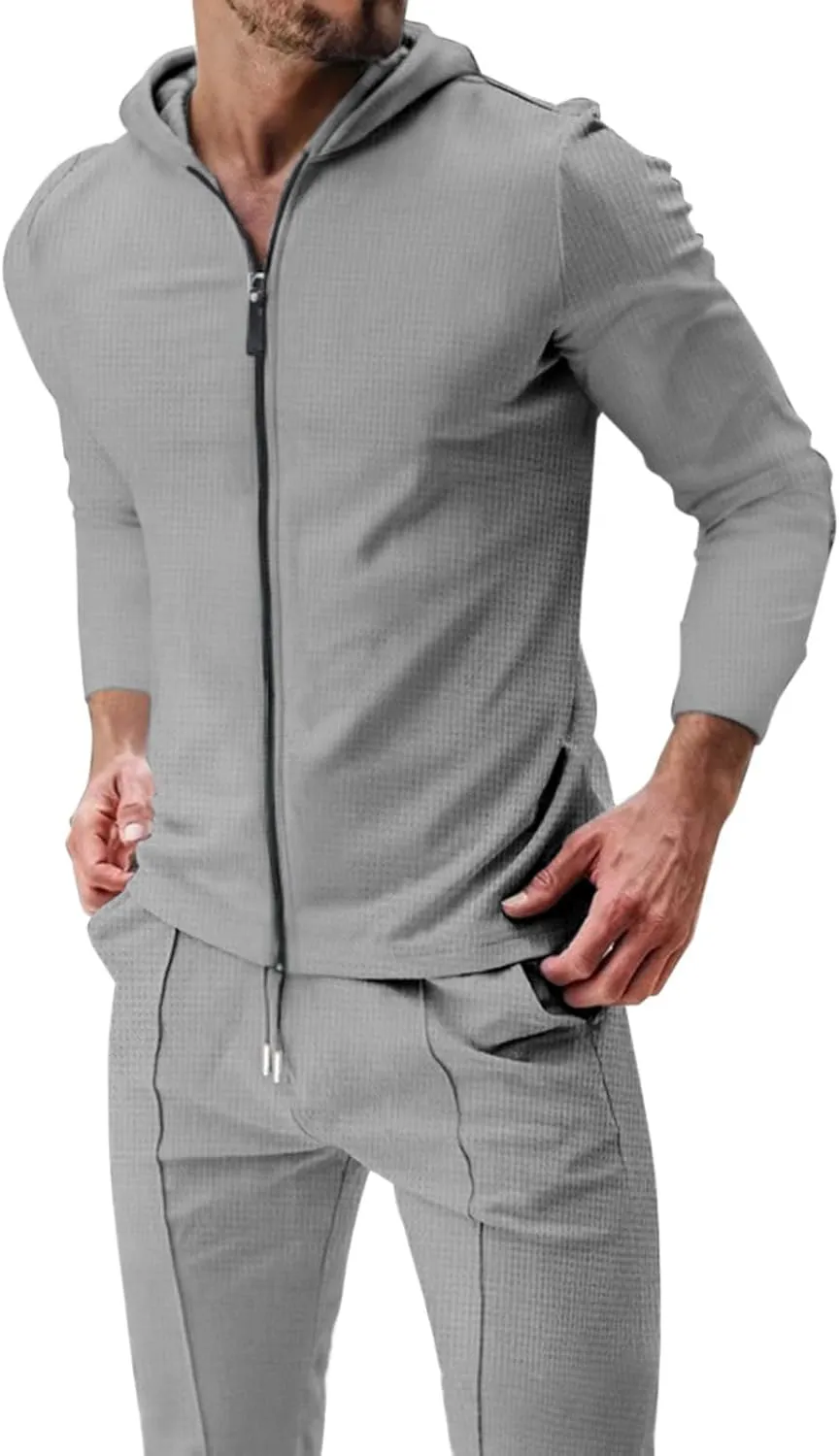 Men's 2 Piece Hoodie Sweatshirt Tracksuit Hooded Cardigan Solid Color Long Sleeve Pants Set Men's Tracksuit 2 Pieces