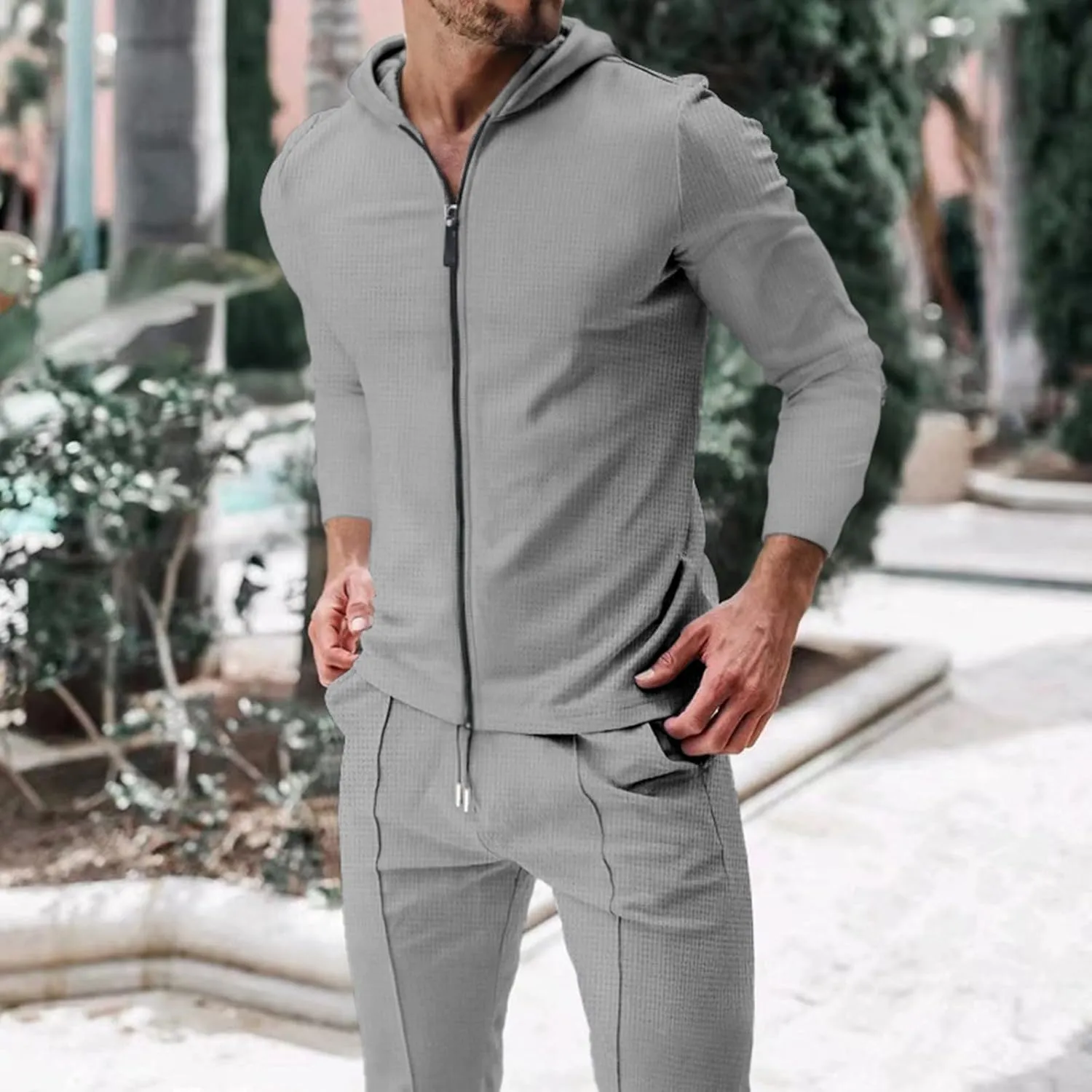 Men's 2 Piece Hoodie Sweatshirt Tracksuit Hooded Cardigan Solid Color Long Sleeve Pants Set Men's Tracksuit 2 Pieces