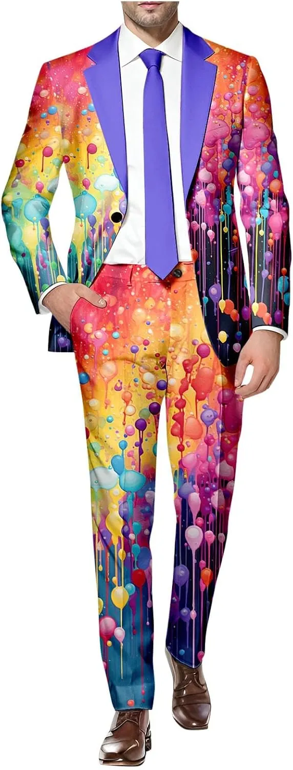 Mens 2 Piece Tuxedo Suit Set Rainbow Print Floral Party Dress Jacket Coat Slim Fit Button Blazer Pants with Pockets