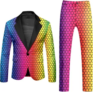 Mens 2 Piece Tuxedo Suit Set Rainbow Print Floral Party Dress Jacket Coat Slim Fit Button Blazer Pants with Pockets