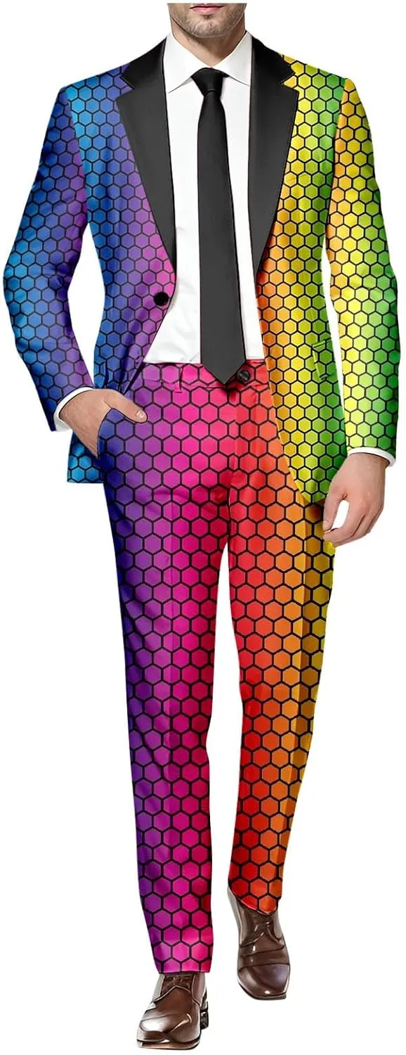 Mens 2 Piece Tuxedo Suit Set Rainbow Print Floral Party Dress Jacket Coat Slim Fit Button Blazer Pants with Pockets