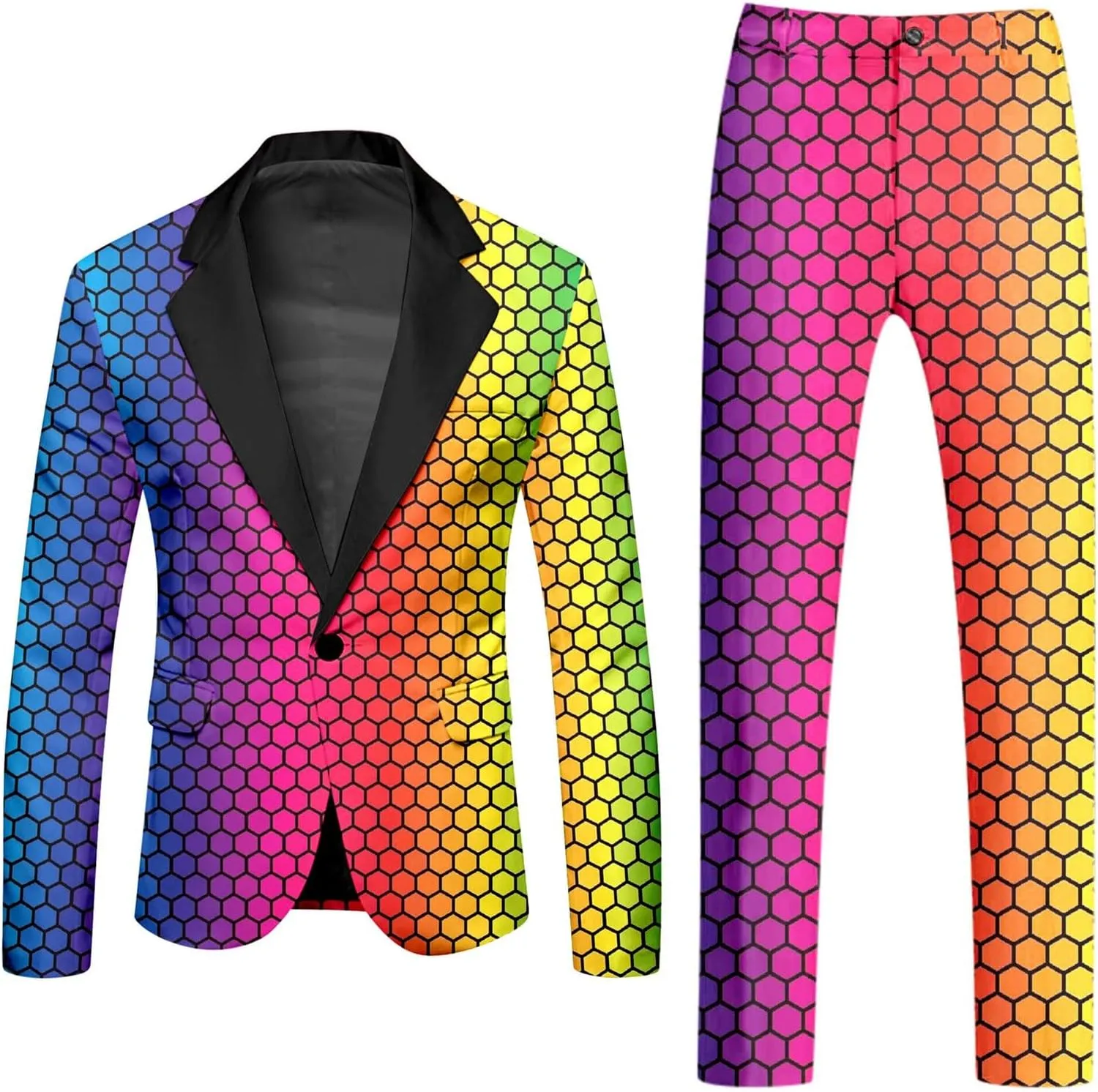 Mens 2 Piece Tuxedo Suit Set Rainbow Print Floral Party Dress Jacket Coat Slim Fit Button Blazer Pants with Pockets